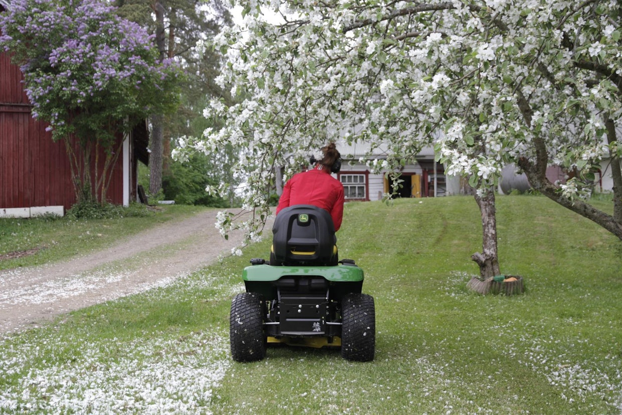 Puutarhatraktoreiden istumakorkeudet olivat vertailun suurimpia. Siinä, missä sauvaohjattu John Deere mahtuu kuljettajineen puun alta sujuvasti, traktorimallisella JD:llä ajaessa kuljettaja joutuu väistämään omenapuun oksaa kumartumalla.