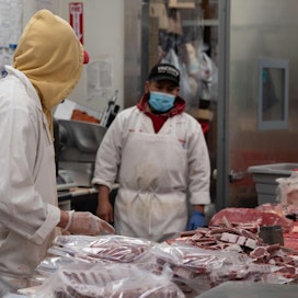Teurastamon työntekijät paloittelevat ja pakkaavat lihaa Vincents Meat Market -yrityksessä, joka sijaitsee Bronxissa New Yorkissa.