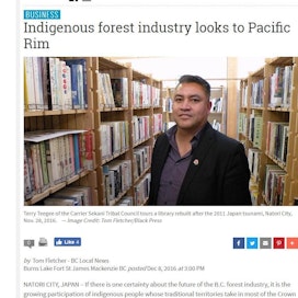 Terry Teegee osallistuu metsäteollisuuden vuotuiselle vienninedistämismatkalle Aasiaan, kertoo BC Local News.