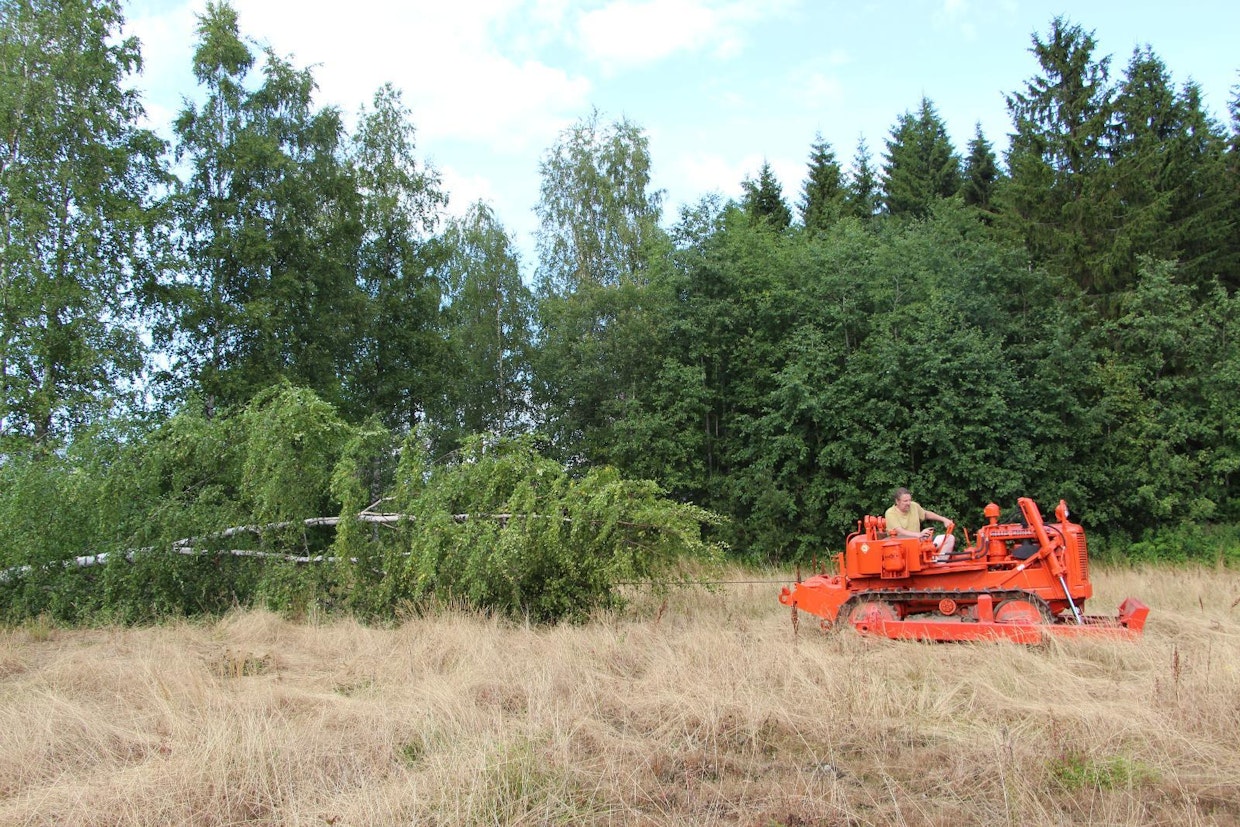 Puun kaataminen vinssillä on voiman juhlaa. Vaijeri vain kiinni 3–4 metriin ja tiukkaa vetoa, niin puu menee nurin juurineen, eikä kantoa tarvitse irrottaa erikseen. Isokin puu kaatuu varmasti, mutta sen vetäminen juuriltaan irti vaatii kaikki keinot. Voima kyllä riittää, traktorin paikallaan pysymiseen eivät meinaa jarrut riittää.