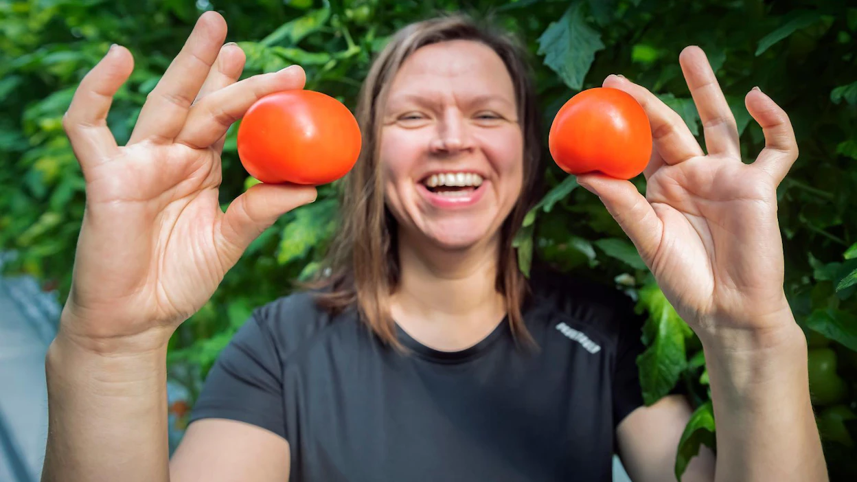 Elina Salminen esittelee ylpeänä tuoreita luonnonvalossa kypsyneitä tomaatteja.