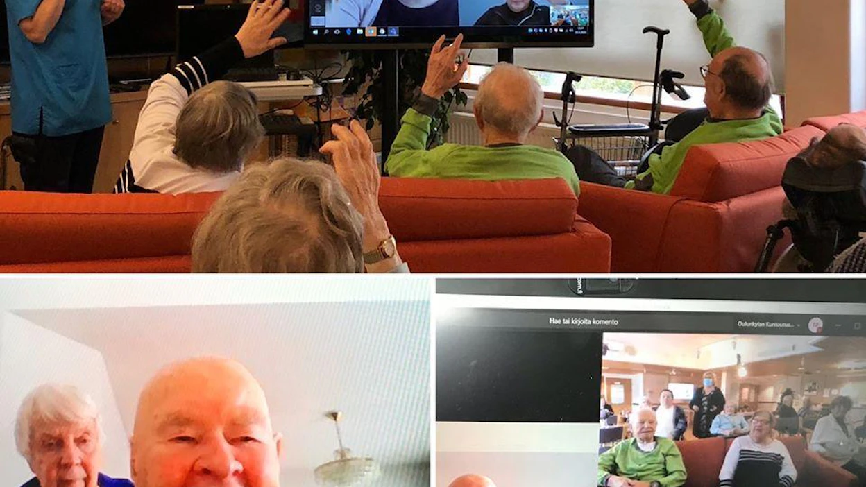 Videon kautta tehdyillä iltapäivätreffeillä oli näin iloinen tunnelma. Osallistujat olivat muutamaa henkilökuntaan kuuluvaa lukuun ottamatta yli 95-vuotiaita.