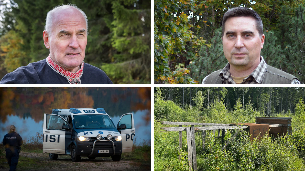 Hirvitornin rikkominen on rikoksena omaisuuden vahingoittamista. Kuvassa rikos- ja prosessioikeuden emeritusprofessori Matti Tolvanen (vas.) ja Metsästäjäliiton järjestöpäällikkö Teemu Simenius.