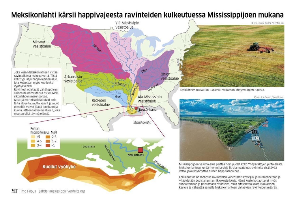 Mississippin edustalla meressä on Keski-Suomen kokoinen kuollut alue – joki  kerää ravinteita puolen Amerikan alueelta - Uutiset - Maaseudun Tulevaisuus