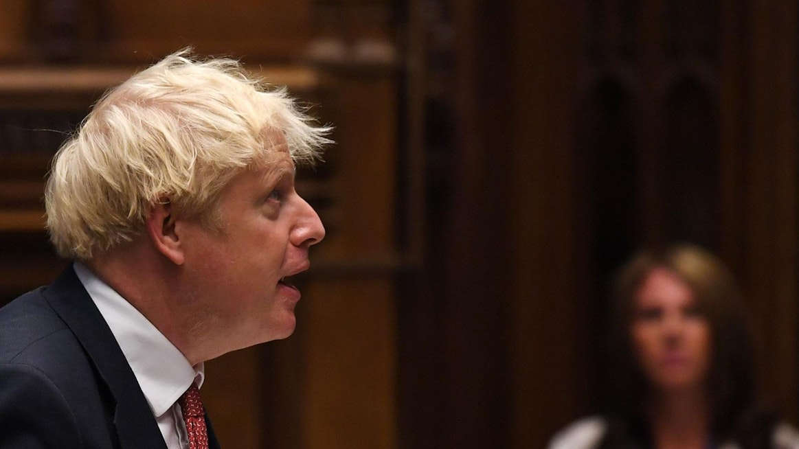 Britannian pääministeri Boris Johnson kuvattuna pääministerin kyselytunnilla 2. syyskuuta 2020. Lehtikuva / AFP