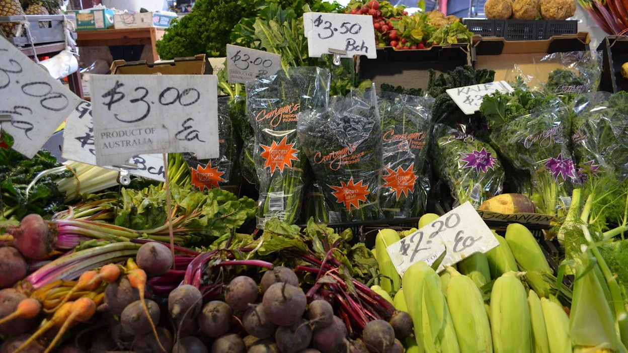 Australiassa kasvisruokavalio yleistyy, erityisesti kaupungeissa. Kuva Melbournen Queen Victoria Market -kauppahallista