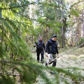 UPM:n metsäneuvoja Mikko Välikangas (oik.) ja metsänomistaja Juho Kananen suunnittelivat kuusikon uudistushakkuuta huhtikuussa Orimattilassa.