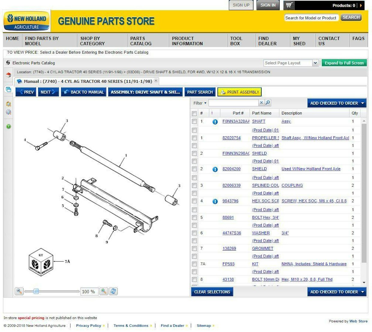 Kaikkien 40-sarjan traktorimallien räjäytyskuvia ja varaosaluetteloita pääsee tutkailemaan ilmaiseksi ja kirjautumatta osoitteesta https://partstore.agriculture.newholland.com/. Tässä kuvakaappauksessa näkyy esimerkkinä etuvedon kardaanin niveletön rakenne.
