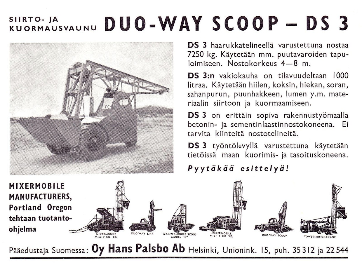 Yllä oleva mainos liittyy edellisessä Koneklassikoissa julkaistuun artikkeliin, jossa kerrottiin Scoopmobilesta sekä sen maahantuonnin aloittamisesta vuonna 1953. Olemme saaneet kahdelta henkilöltä täydentäviä tietoja, jotka osoittavat maahantuonnin käynnistyneen jo aikaisemmin. Janne Riikanen oli löytänyt oheisen mainoksen vuoden 1951 Tehostaja-lehdestä. Sen lisäksi Marja Vehkala tiesi Oy Hans Palsbo Ab:n esitteessä mainitun, että ensimmäinen Scoopmobile oli tuotu maahan 1949.