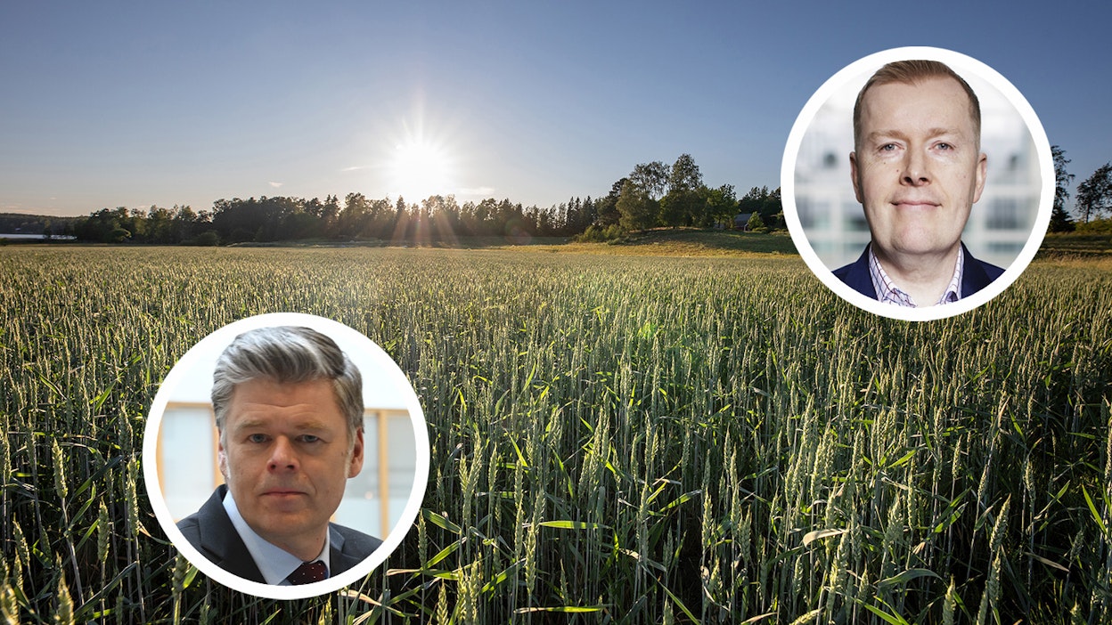 Lantmännenin Antti Snellman (oik) ja Ilmatieteen laitoksen Jari Liski odottavat yhteistyötä paljon.