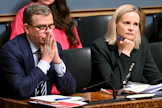 Pääministeri Petteri Orpo (kok.) ja valtiovarainministeri Riikka Purra (ps.). Arkistokuva. 