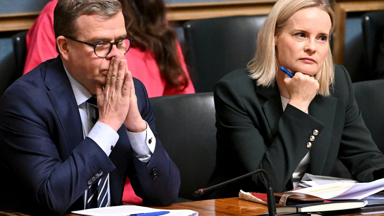 Pääministeri Petteri Orpo (kok.) ja valtiovarainministeri Riikka Purra (ps.). Arkistokuva.