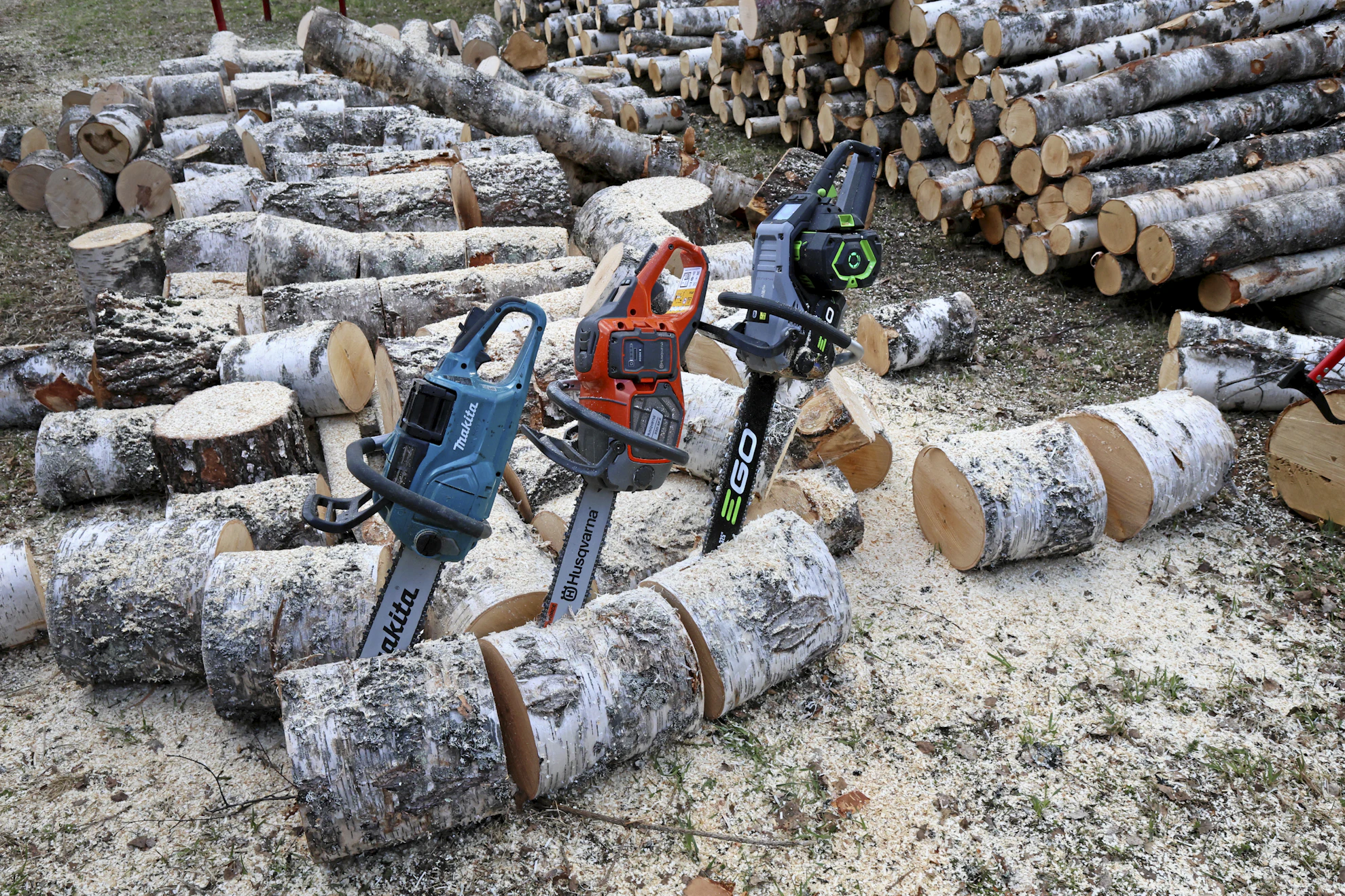 Makitan, Husqvarnan ja EGOn järeämmät akkusahat eivät kaihda paksujakaan runkoja. Pisimmät hyväksytetyt terälaitteetkin ovat 20” pituisia ja sahoissa riittää voimaa niille.