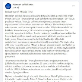Kuvakaappaus Hämeen poliisilaitoksen Facebook-päivityksestä.