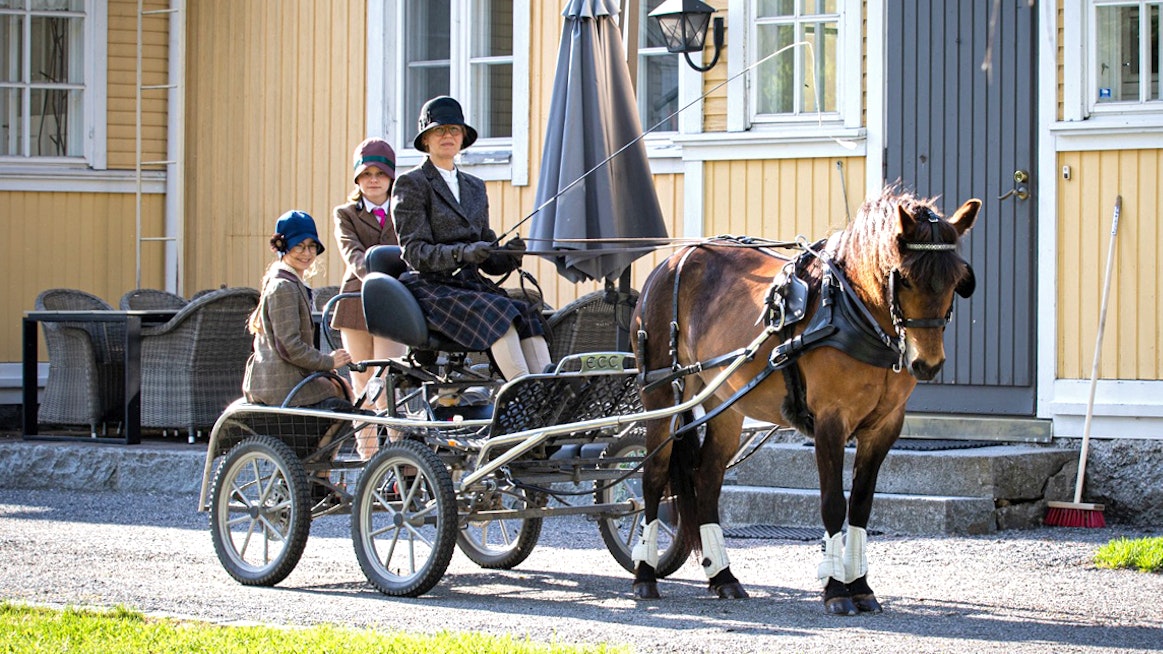 Elina Mielityinen jälkikasvuineen fiilistelemässä perheen valjakkoponin Bonita Ween vetämissä vaunuissa.