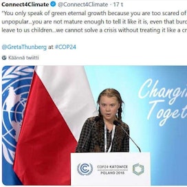 Greta Thunberg on noussut otsikoihin ympäri maailman vaadittuaan ilmastokokouksessa neuvottelijoilta riittävää kunnianhimoa ilmastotoimiin. &quot;Teiltä ovat loppuneet tekosyyt ja meiltä loppuu pian aika&quot;, hän totesi päättäjille viitaten tuleviin kärsimyksiin, jos ilmaston lämpenemistä ei saada kuriin.