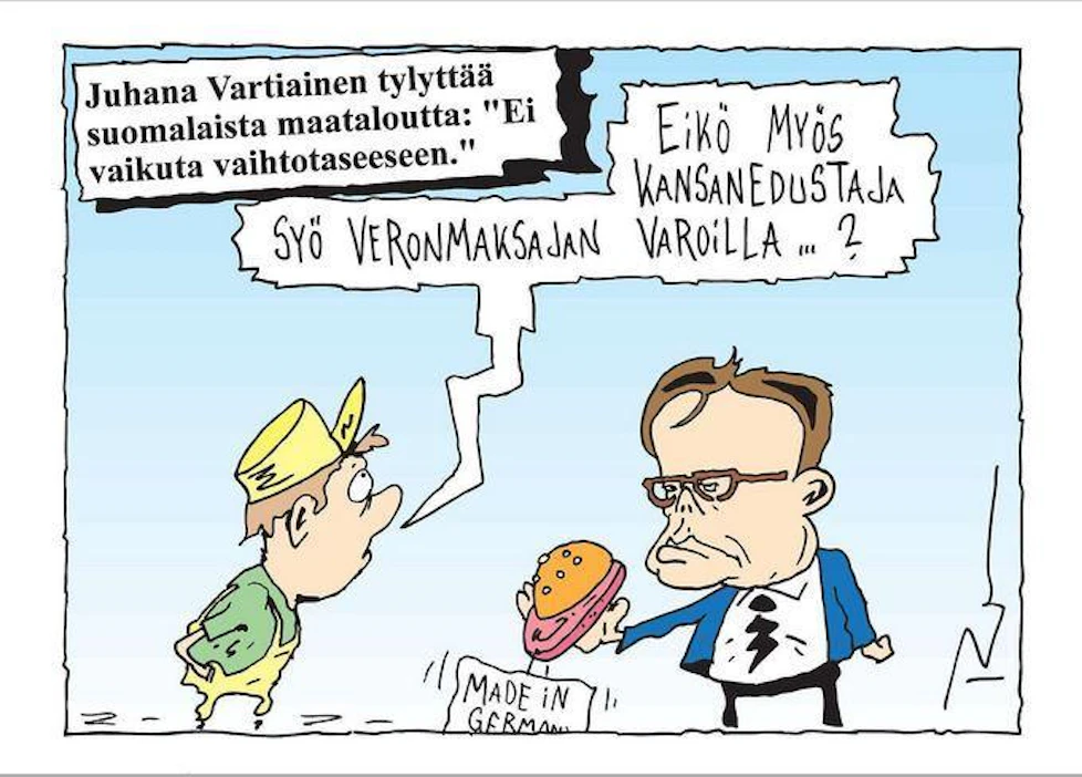 Pasi Rahikaisen viime vuoden pilakuvassa ihmetellään, eikö kansanedustaja juuri syö veronmaksajan varoilla.