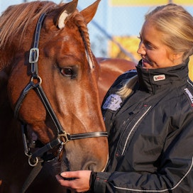 Weikko ja hevosenhoitaja Emmy Hansson Mikkelissä maanantaina ennen SE-juoksua.