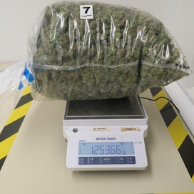 Tulli on tutkinut useita törkeitä huumausainerikoksia. Kuvassa takavarikoitu marihuanapaketti. LEHTIKUVA / HANDOUT / TULLI