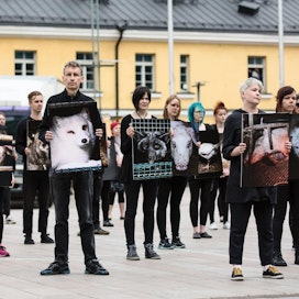 Oikeutta eläimille -järjestön  mielenosoitus Helsingin Narinkkatorilla viime vuoden viime vuoden heinäkuussa.