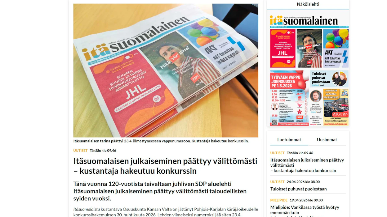 Itäsuomalaisen vappunumero jää lehden viimeiseksi numeroksi. Kuvakaappaus lehden sivuilta.