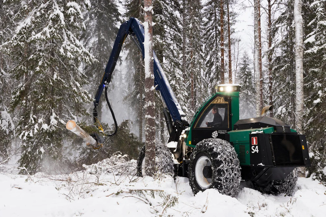 ”Jatkuvan kasvatuksen hakkuussa on hyötyä siitä, että koneen koura ulottuu kauas ja puun kaatosuunta voidaan hallita, jotta alikasvos selviää vaurioitumatta”, kertoo hakkuukoneen puikoissa istuva Osmo Palosaari Metsäsuunnittelu Hollannista.
