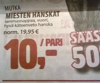 MT:n lukijan lähettämä kuva Tuurin kyläkaupan mainoslehdestä, jossa mainostetaan miesten nahkahanskoja yllättävällä ominaisuudella.