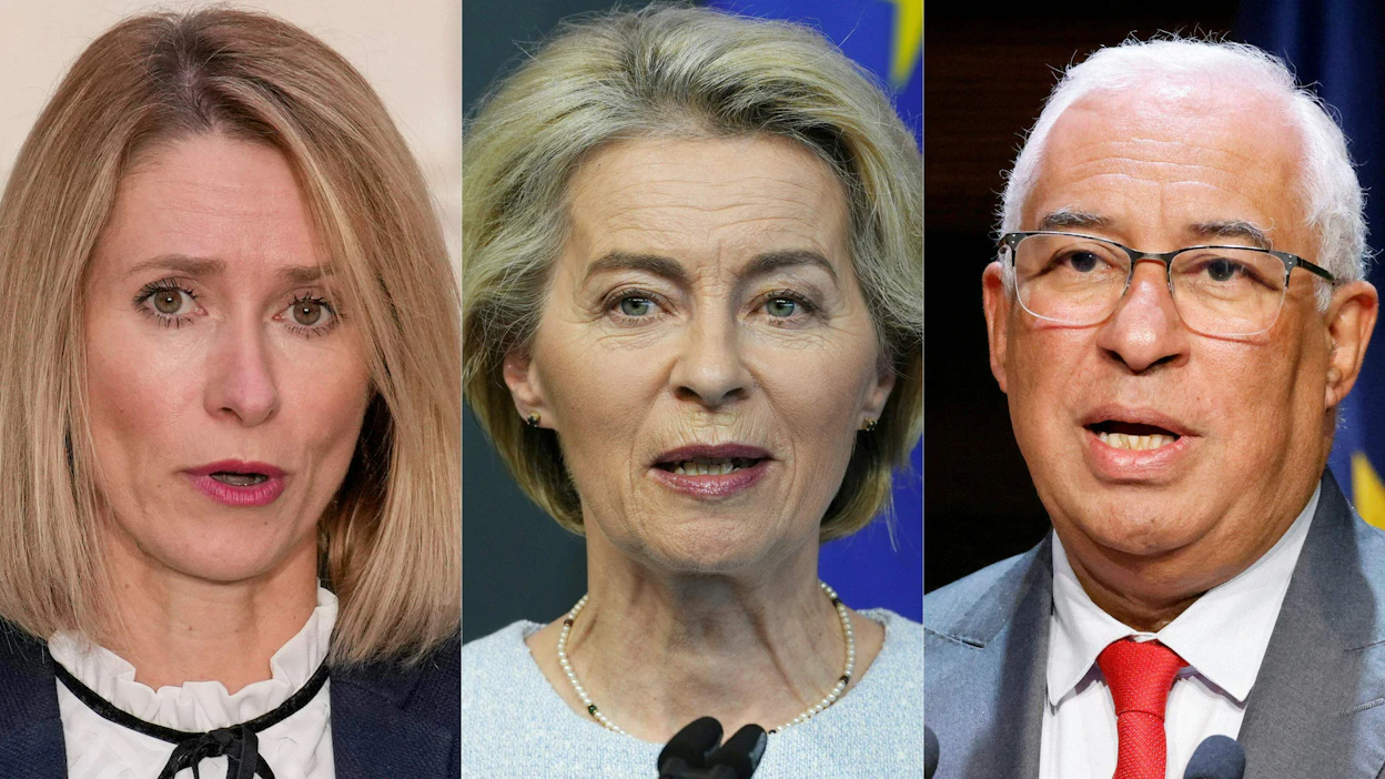 EU:n poliittiset johtajat esittävät Viron pääministeri Kaja Kallasta EU:n ulko- ja turvallisuuspolitiikan korkeaksi edustajaksi, Ursula von der Leyenia toiselle kaudelle EU-komission puheenjohtajaksi ja Portugalin entistä pääministeriä Antonio Costaa Eurooppa-neuvoston johtoon. LEHTIKUVA/AFP.