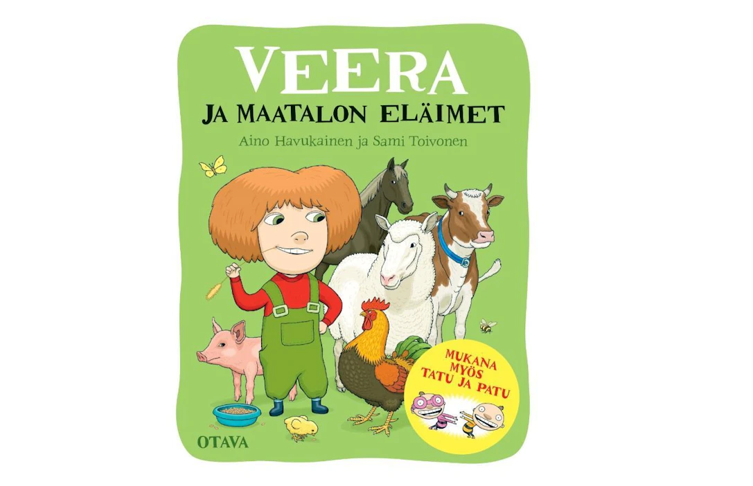 Veera, Tatu ja Patu tutkivat maatalon eläimiä ja laitteita Veera ja maatalon eläimet -kirjassa.