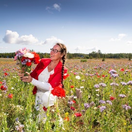 Katariina Pylsy iloitsee keskellä kuuden hehtaarin peltoalueen kukkaloistoa. Lohkoon on kylvetty yksivuotista Diana-maisemakukkaseosta.