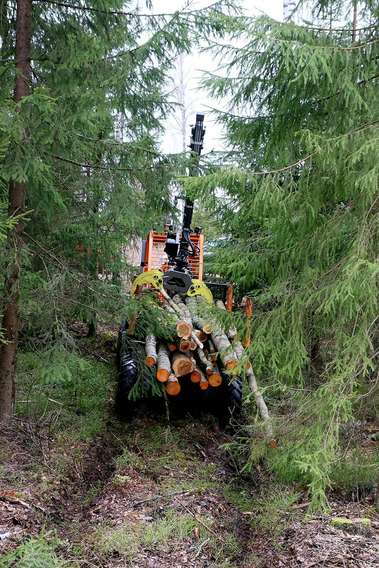 Kääntönivel on myös keskellä konetta, jolloin käännöksissä etu- ja takatelien pyörät seuraavat samaa jälkeä. Tennbergin koneessa on kapeammat 11.5" leveyden renkaat korkearipaisella kuviolla. Ne pitävät ilman ketjujakin kesäaikaan, talvella neljässä pyörässä käytetään ketjuja.