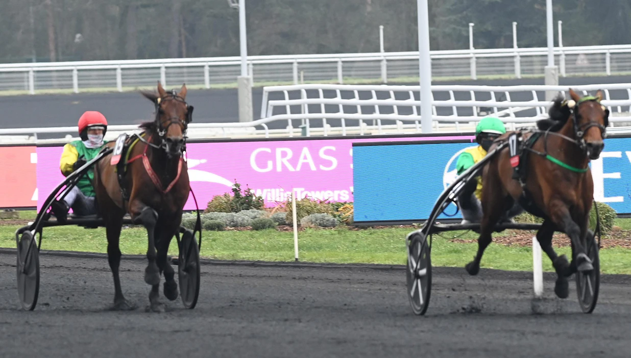 Face Time Bourbon (keulassa) tähtää viikon päähän, mutta Davidson Du Pont on hakemassa voittoa sunnuntaina. Kuvan toinen Prix d'Amerique -voitto tammikuulta ei pelastanut Björn Goopin paikkaa kärryillä.