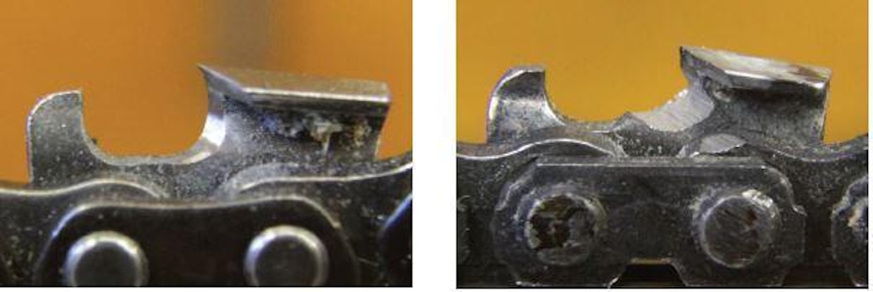 Vasemmanpuoleinen hammas on teroitettu suorahiomakoneen hiomakivellä (Dremel 5,5 mm), oikeanpuoleinen taas kulmahiomakoneella. Kuten kuvastakin näkyy, kulmahiomakoneella riski vaurioittaa teräketjun vetolenkkejä on suuri. Teroitusjälki ei ole muutenkaan kovin onnistunut, koska teroitustapahtumaa on hankalampi seurata.