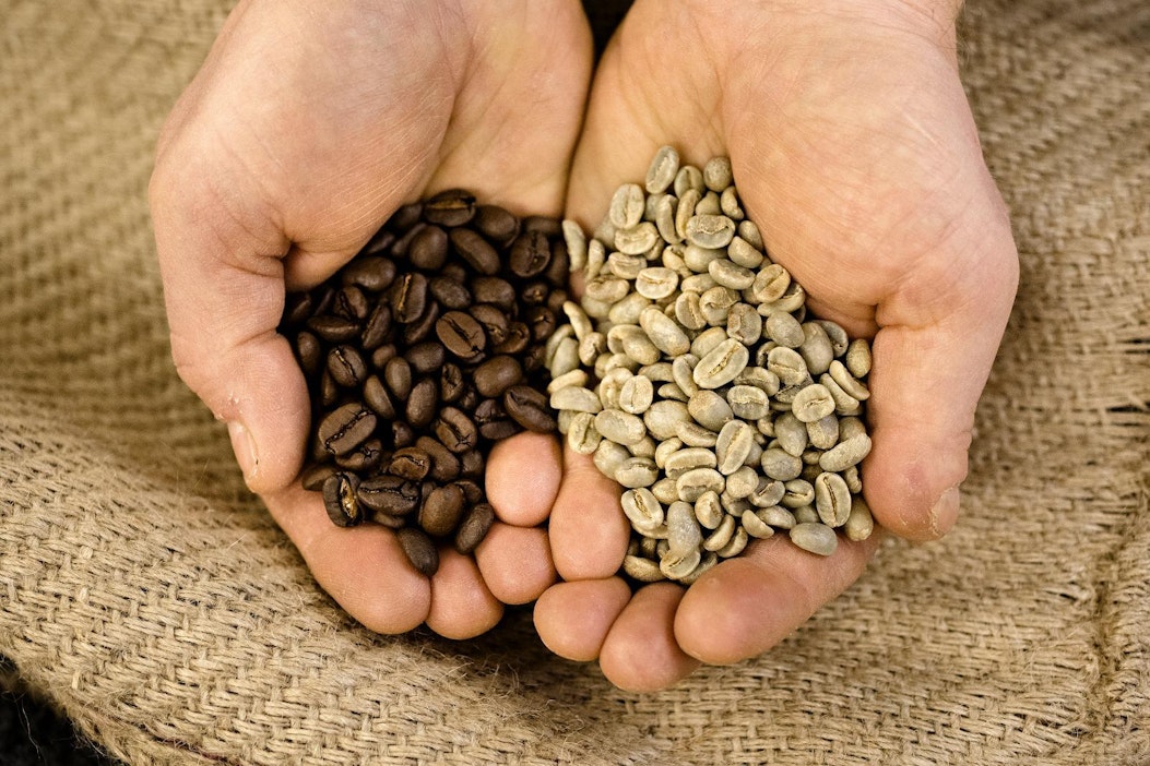 Paahdettuja ja raakoja kahvipapuja.