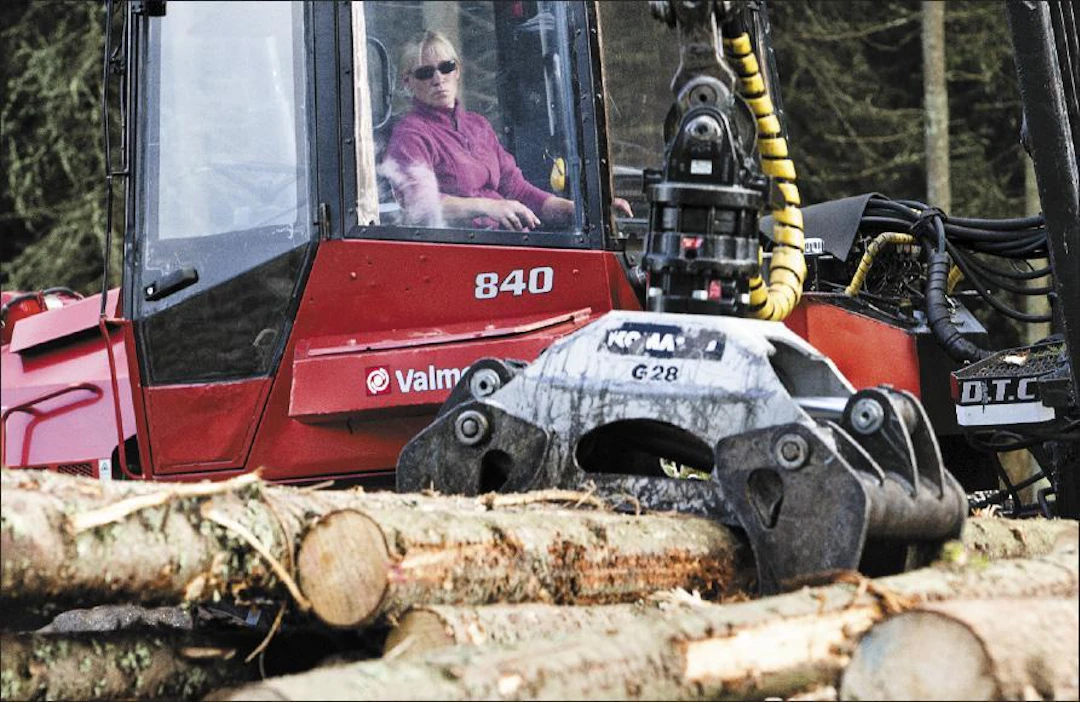 Heli Haapaniemi viihtyy uudessa työssään ajokoneen kuljettajana. ”Metsässä saa olla oman itsensä herra.” Kari Salonen