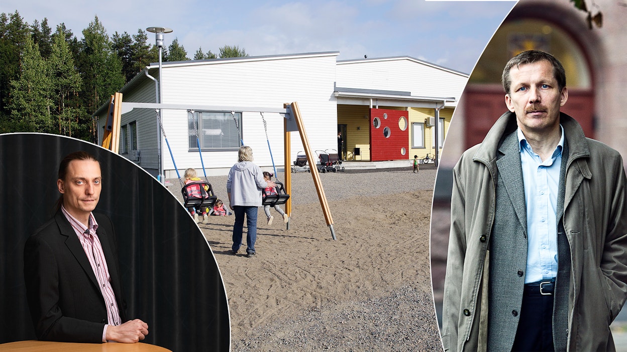 Piispa Jukka Keskitalo (oik.) kritisoi yhdenvertaisuusvaltuutetun antamia suosituksia päiväkodille. Ylitarkastaja Matti Jutila (vas.) toimii tapauksen esittelijänä. Kuvituskuva.