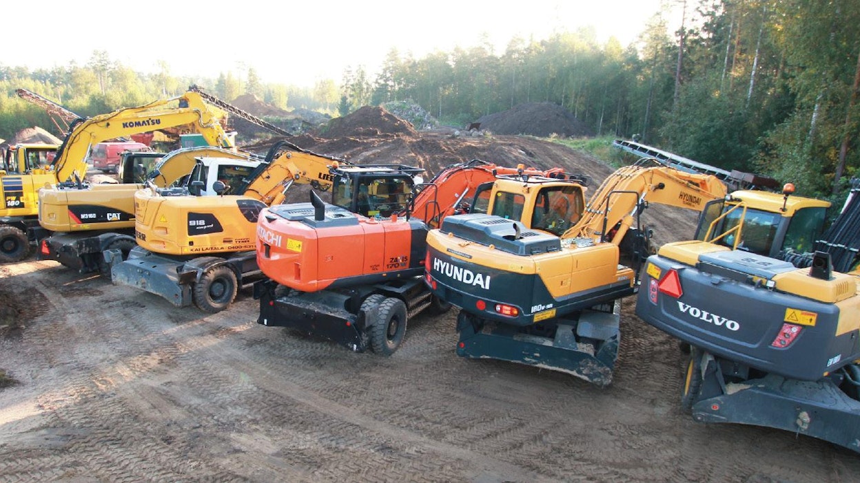 Testissä mukana: ■ Cat M316D ■ Hitachi ZX170W-5B ■ Hyundai R 180 W-9A ■ Komatsu PW 180-10 ■ Liebherr A918 Compact ■ Volvo EW180D