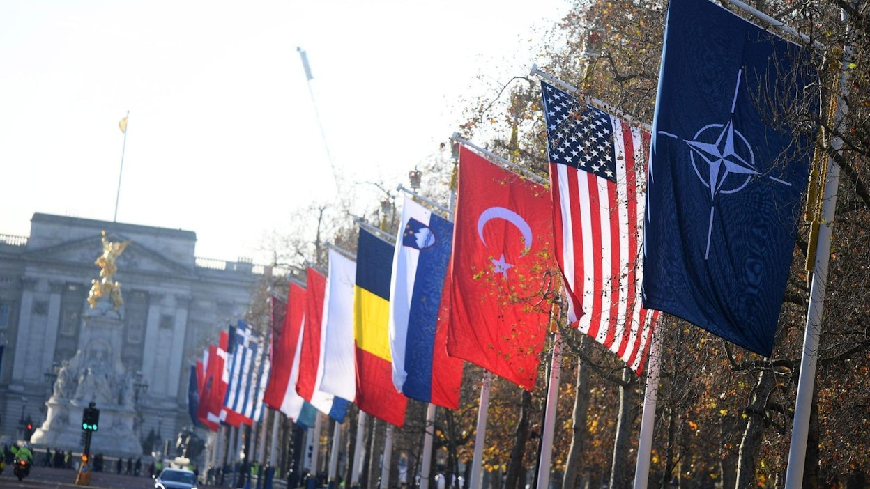 Naton jäsenmaiden lippuja Lontoossa joulukuussa 2019.