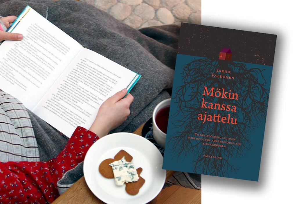 Jarno Valkonen hakee kirjassaan normaaliin asumiseen kestävämpää mallia erämaamökistä. Asuminen ja siihen liittyvä kulutus muodostavat hyvin merkittävän osan meidän suomalaisten kasvihuonekaasujen päästöistä.