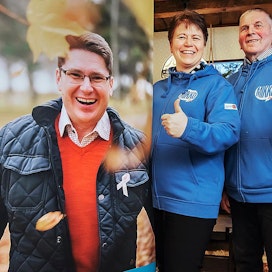 Huumori on hyväksi tiiviin vaalirupeaman aikana, Carola Bengs-L­attunen ja Seppo Ollikainen toteavat.