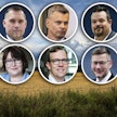 MTK:n puheenjohtajaehdokkaat Tero Hemmilä, Juha Junnila, Antti Kangas, Kati Partanen, Ilkka Pohjamo ja Eerikki Viljanen.