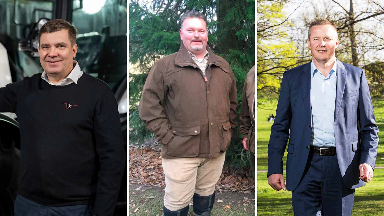 Maatalouskonekaupan kärkinimistä löytyvät Valtran ex-toimitusjohtaja Jari Rautjärvi (vas.), Wihurin Risto Aarnio-Wihuri sekä Bernerin Antti Korpiniemi.