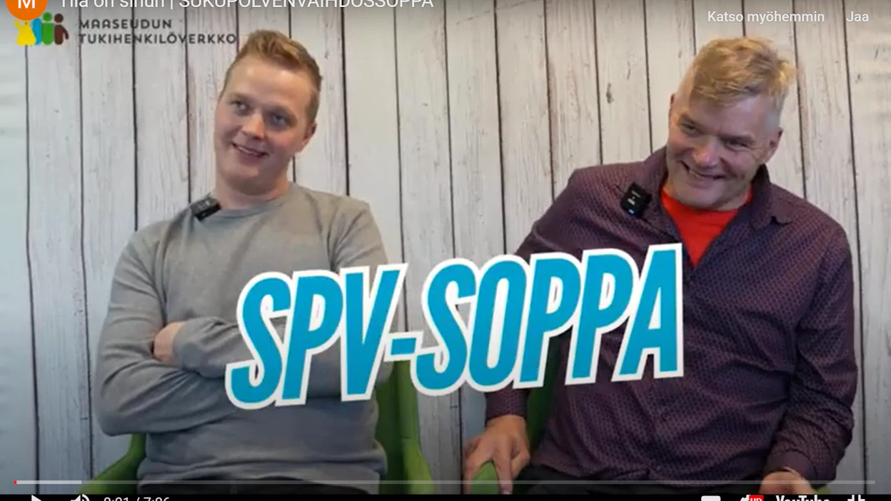 Petteri ja Upe Heikkinen kertovat Maaseudun tukihenkilöverkon videolla tilan sukupolvenvaihdoksesta. Kuvakaappaus videolta.