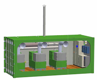 CAD-piirros kolmen turbiiniyksikön kontista, jolloin sähköä saadaan maksimissaan 90 kW, 30 kW kustakin yksiköstä. Kaikkia yksiköitä ohjataan samalla keskuksella.