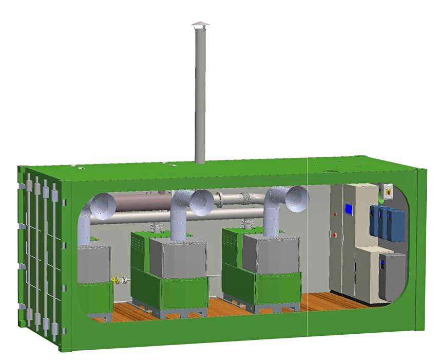 CAD-piirros kolmen turbiiniyksikön kontista, jolloin sähköä saadaan maksimissaan 90 kW, 30 kW kustakin yksiköstä. Kaikkia yksiköitä ohjataan samalla keskuksella.