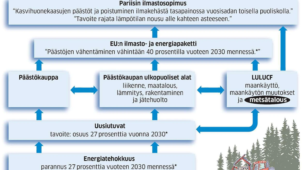 Komission kesäpaketti sitoo metsätalouden osaksi EU:n ilmastopolitiikan kokonaisuutta. Vuoden 2020 tavoitteessa metsät eivät ole mukana, mutta 2030 tavoitteeseen ne halutaan.