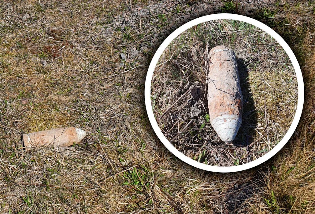 Suutariksi paljastunut esine oli ruosteinen, ja siinä oli alumiininen kartiopää. Kuvaa on käsitelty, siinä on kaksi kuvaa, ympyrässä oleva on sama kranaatti kuin vieressä oleva.