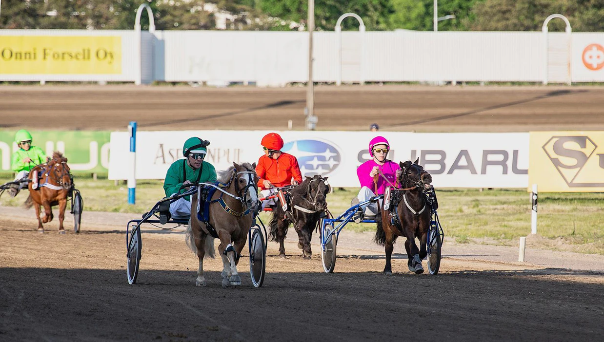 Ristomatti Hakola / Ekslätts Sacrifice jyräsi loppusuoralla ohi Jari Räisäsen / Diaz Dark (numero 2) ja Perttu Hyvärisen / Signhill´s Lucky. Takaa ulkoa lähenevät Iivo Niskanen / Pomona II eivät mahdu kuvaan.