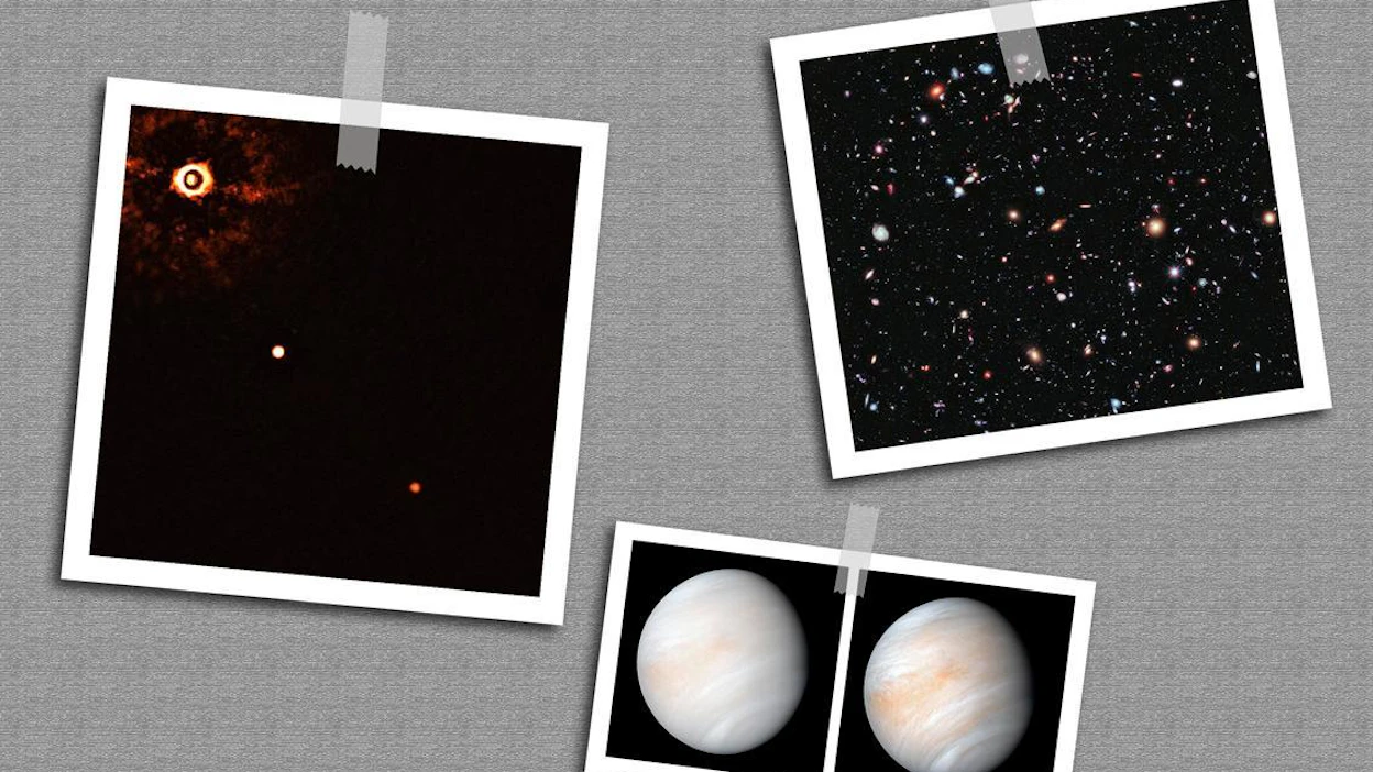 Viime vuonna saatiin ensimmäinen kuva kahdesta eksoplaneetasta (vasen kuva). Hubble-teleskoopin kuvassa on 5 500 galaksia. Alla Venus, josta löydettiin fosfiini-yhdistettä. Se voi olla peräisin mikrobeista.