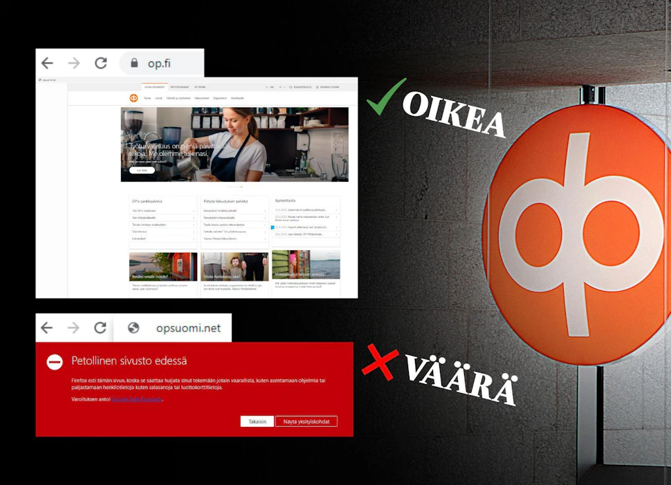 Hakukoneen käyttäminen vie verkkopankin asiakkaita huijaussivustoille. Ne tunnistaa op.fi:stä poikkeavasta kirjoitusasusta.